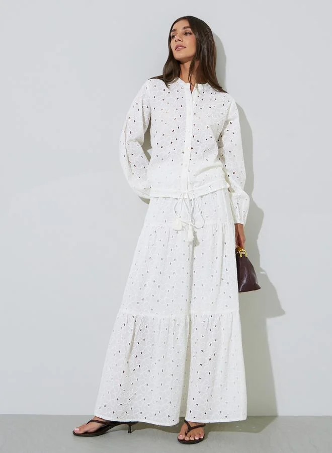 Styli Off-White Eyelet A-Line Maxi Skirt