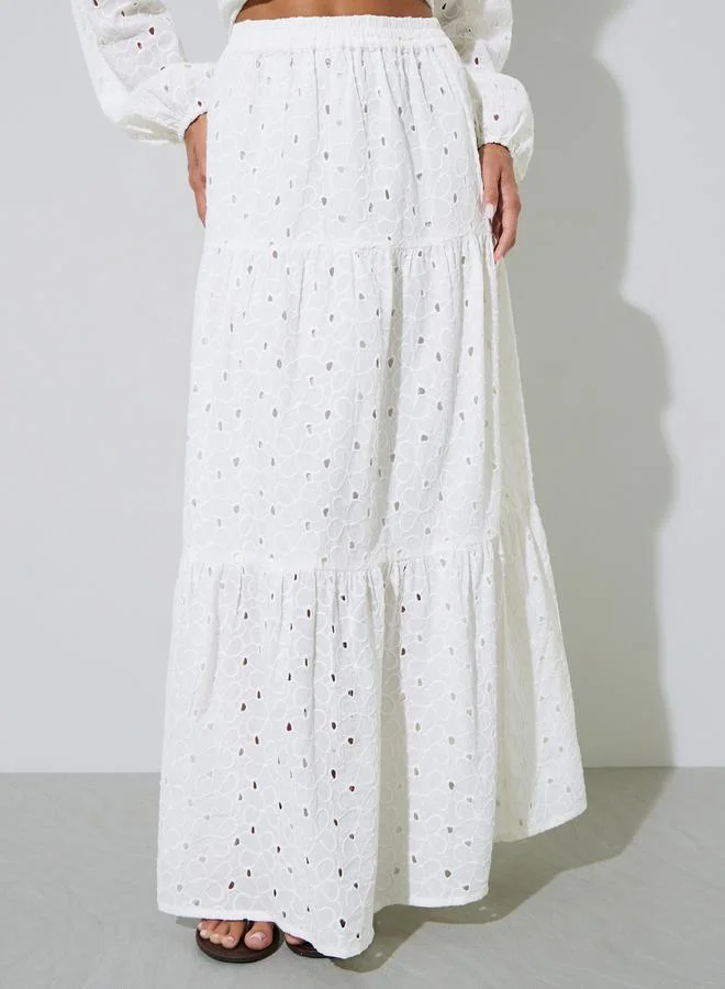 Styli Off-White Eyelet A-Line Maxi Skirt