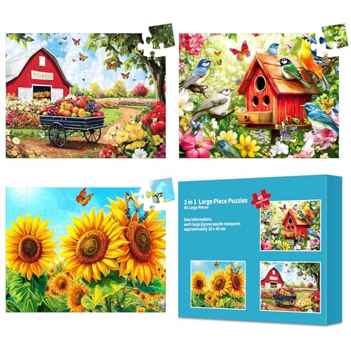 Edsjegn 3 Pack 48 Large Piece Puzzles for Seniors Dementia Alzheimers Products Activities for Elderly AdultsAlzheimers Puzzle Memory Cognitive Games Easy Jigsaw Puzzle Gifts with 3 Storage Bags - Image 1