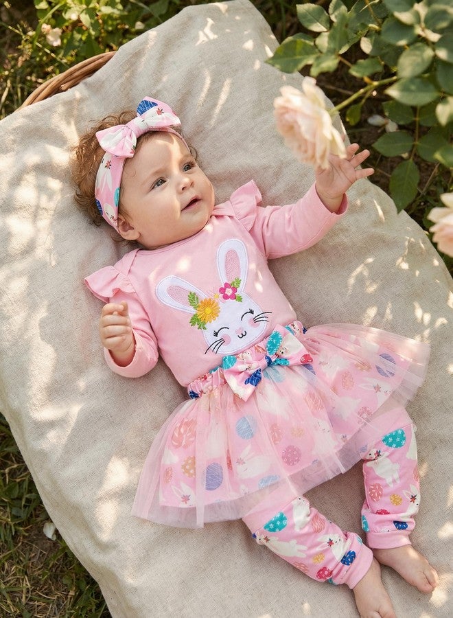FUNMETA Baby Girl Easter Outfit 4 Piece Kids Long Sleeve Rabbit Romper Toddler Bow Pink Tutu Skirt Headband Leg Warmer Infant Easter Bunny Dress 12-18 Months - Image 4
