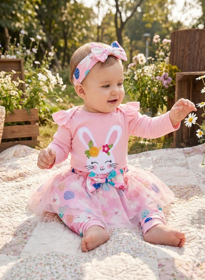 FUNMETA Baby Girl Easter Outfit 4 Piece Kids Long Sleeve Rabbit Romper Toddler Bow Pink Tutu Skirt Headband Leg Warmer Infant Easter Bunny Dress 12-18 Months - Image 2