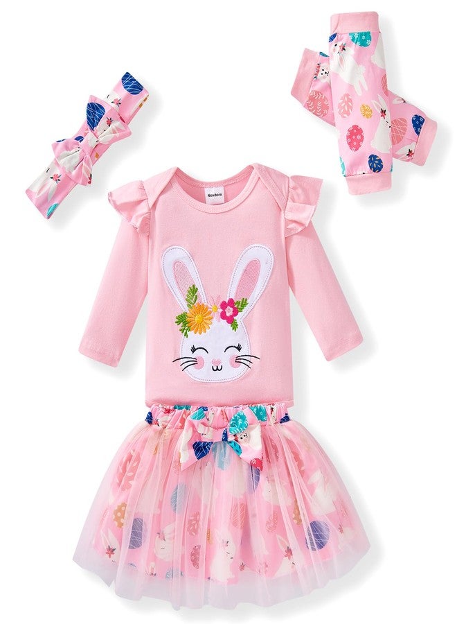 FUNMETA Baby Girl Easter Outfit 4 Piece Kids Long Sleeve Rabbit Romper Toddler Bow Pink Tutu Skirt Headband Leg Warmer Infant Easter Bunny Dress 12-18 Months - Image 1