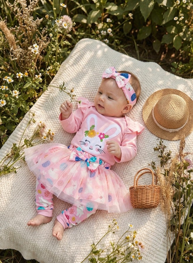FUNMETA Baby Girl Easter Outfit 4 Piece Kids Long Sleeve Rabbit Romper Toddler Bow Pink Tutu Skirt Headband Leg Warmer Infant Easter Bunny Dress 12-18 Months - Image 3
