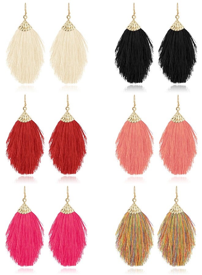 Tornito 6 Pairs Layered Tassel Statement Earrings Bohemian Multi Colors Feather Tiered Thread Long Tassel Fan Fringe Dangle Drop Earrings Handmade for Women - Image 1