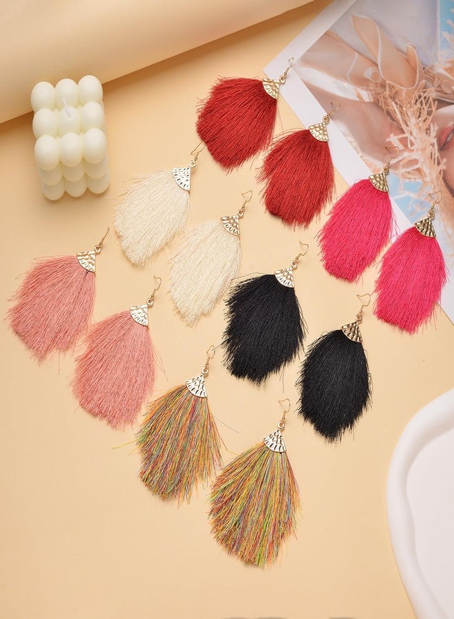 Tornito 6 Pairs Layered Tassel Statement Earrings Bohemian Multi Colors Feather Tiered Thread Long Tassel Fan Fringe Dangle Drop Earrings Handmade for Women - Image 5
