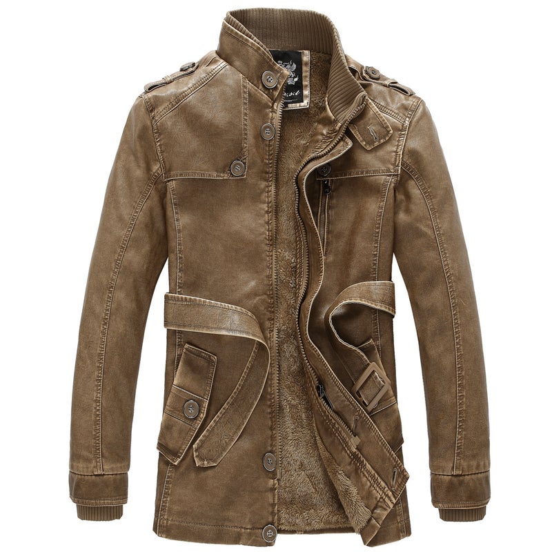 Fur One Long Pu Leather Jacket Personalized Washed Men'S Motorcycle Leather Jacket - Image 3