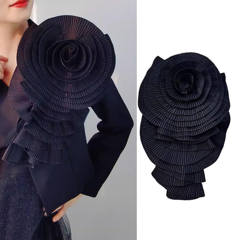 Zthread 20cm Large Plated Fabric Brooches Lapel Pins Chiffon Fabric Applique Brooches Big Flower Brooch Pin for Women Wedding Part Dance Clothes Accessories Jewelry (Black) - Image 2