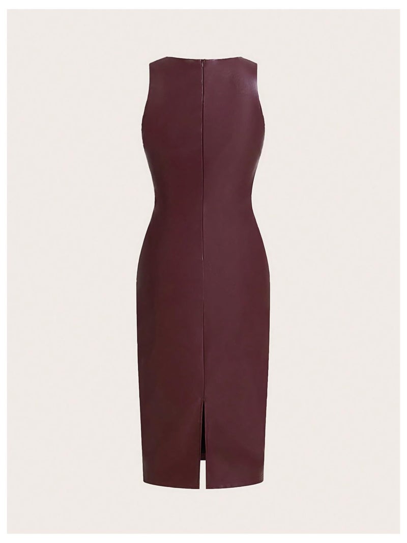 WDIRARA Women's PU Leather Ruched Sleeveless Slit Bodycon Midi Tank Dress Burgundy Large - Image 2