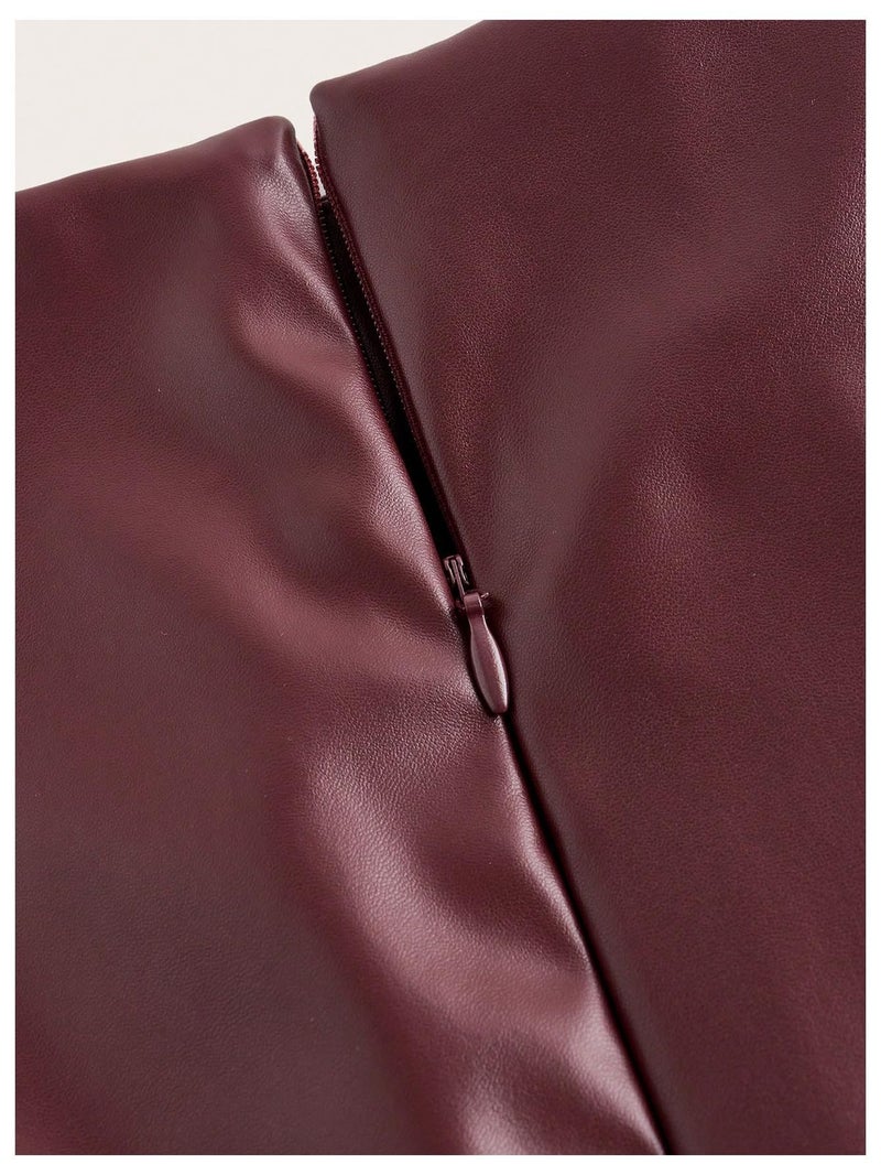 WDIRARA Women's PU Leather Ruched Sleeveless Slit Bodycon Midi Tank Dress Burgundy Large - Image 3