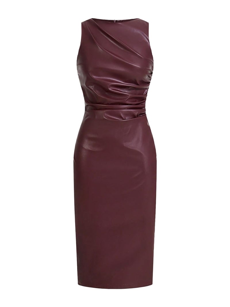WDIRARA Women's PU Leather Ruched Sleeveless Slit Bodycon Midi Tank Dress Burgundy Large - Image 1