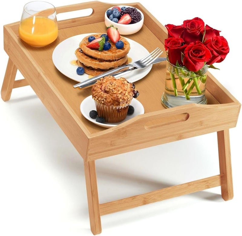 MARKQ طاولة صينية سرير من الخيزران مع أرجل قابلة للطي - صينية قابلة للطي محمولة لتقديم الوجبات الخفيفة والإفطار في السرير، التلفاز، القراءة، والرسم طبيعية - Image 1