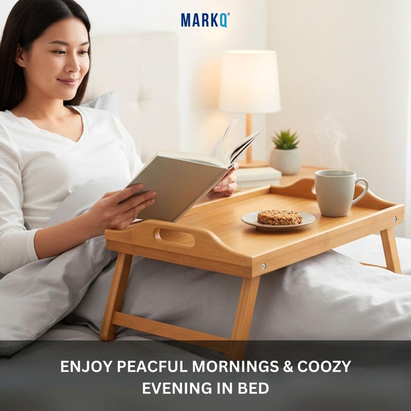 MARKQ طاولة صينية سرير من الخيزران مع أرجل قابلة للطي - صينية قابلة للطي محمولة لتقديم الوجبات الخفيفة والإفطار في السرير، التلفاز، القراءة، والرسم طبيعية - Image 4