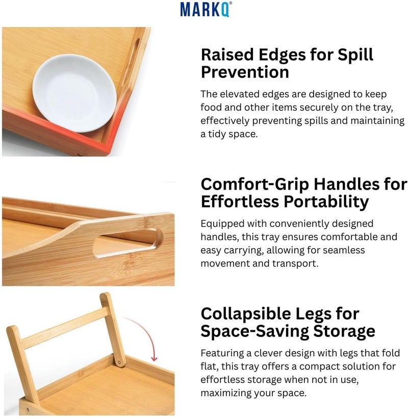 MARKQ طاولة صينية سرير من الخيزران مع أرجل قابلة للطي - صينية قابلة للطي محمولة لتقديم الوجبات الخفيفة والإفطار في السرير، التلفاز، القراءة، والرسم طبيعية - Image 3