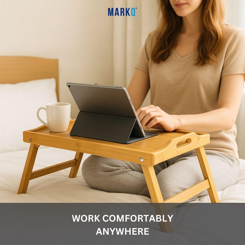 MARKQ طاولة صينية سرير من الخيزران مع أرجل قابلة للطي - صينية قابلة للطي محمولة لتقديم الوجبات الخفيفة والإفطار في السرير، التلفاز، القراءة، والرسم طبيعية - Image 5