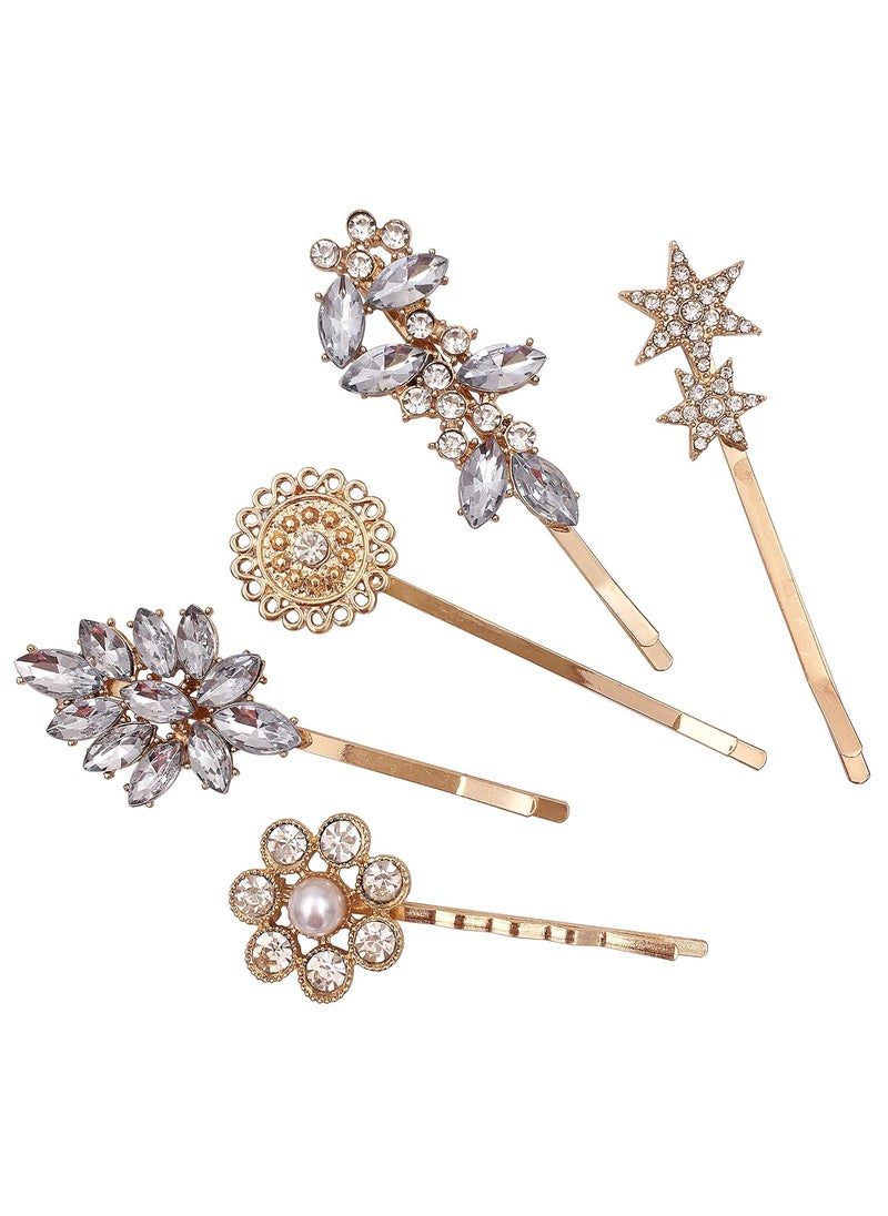 Lizzie Kay 5Pack Vintage Crystal Decorative Bobby Pins Hair Accessories Gold Tone Women 