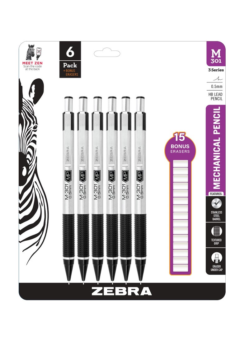 ZEBRA Zebra M-301 Stainless Steel Mechanical Pencil 0.5 mm Point Size, 6 Pack with 15 Bonus Erasers Refills - Standard HB Lead - Professional Black Grip  - Image 1