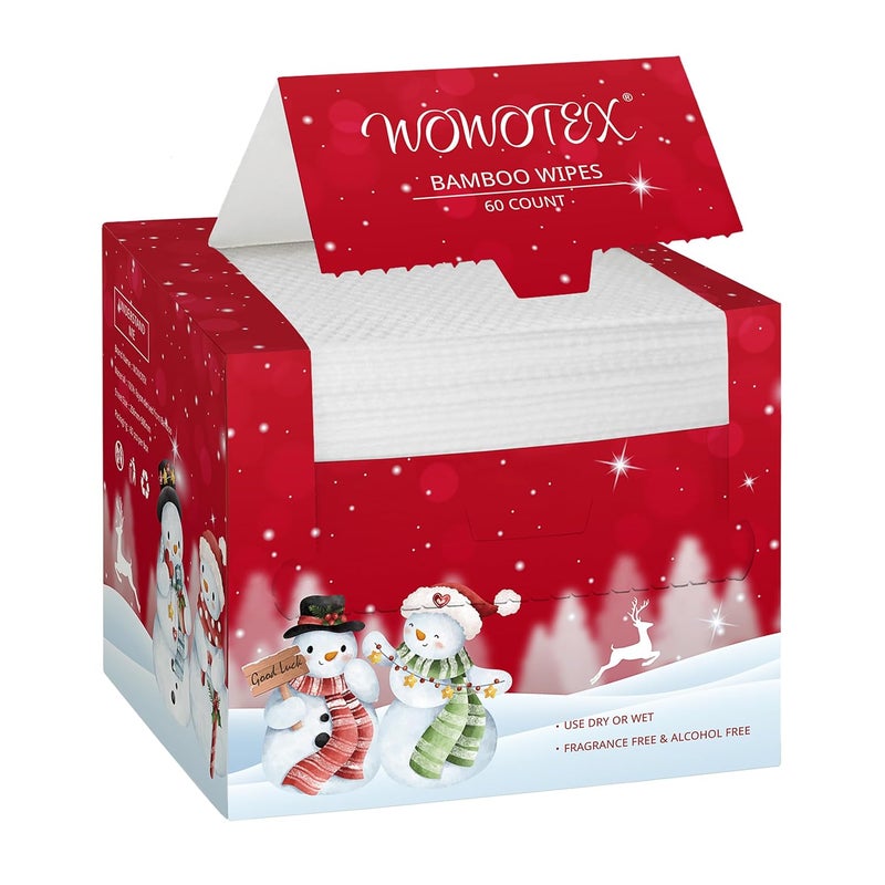 مناديل وجه WOWOTEX القابلة للاستخدام مرة واحدة بأسلوب عيد الميلاد قابلة للتحلل كبيرة الحجم 60 قطعة في علبة مناديل وجه ناعمة وسميكة للغاية للبشرة الحساسة لتنظيف الوجه ورعاية 1012