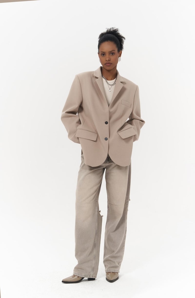 Mai Collection Emma Sewing Detail Beige Blazer  - Image 1