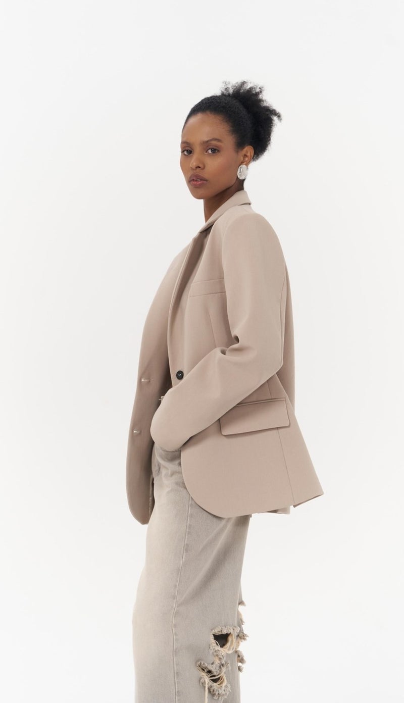 Mai Collection Emma Sewing Detail Beige Blazer  - Image 2