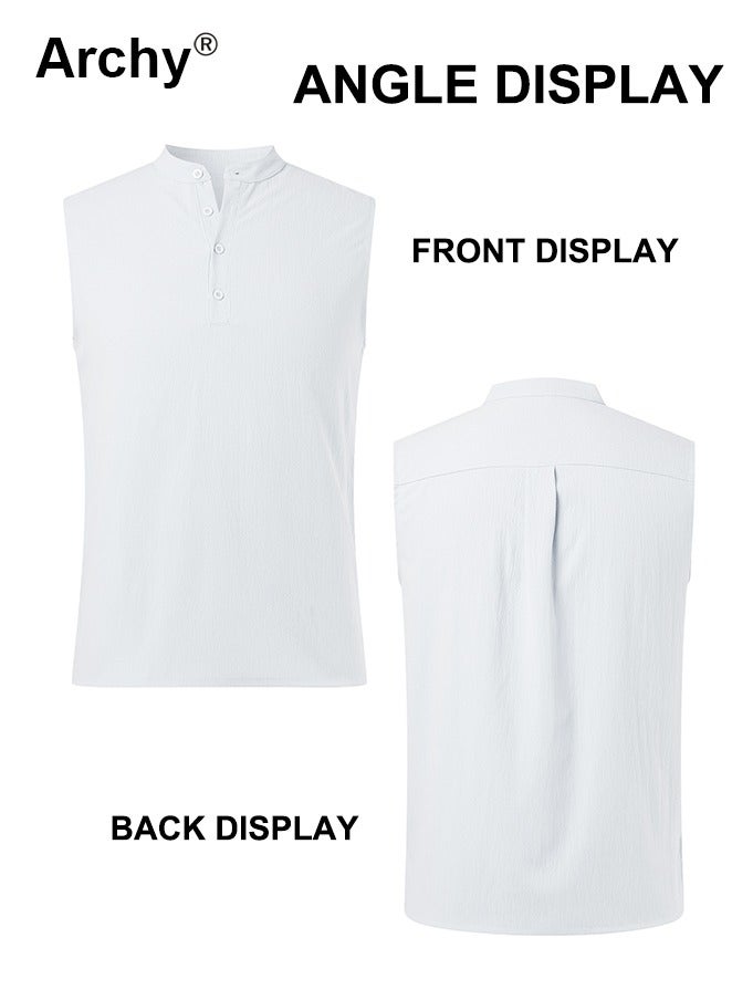 Archy Lightweight Button Sleeveless Cotton Top Tank Beach Shirts for Men Summer Casual Henley T-Shirts Tank Band Collar White Shirts - Image 5
