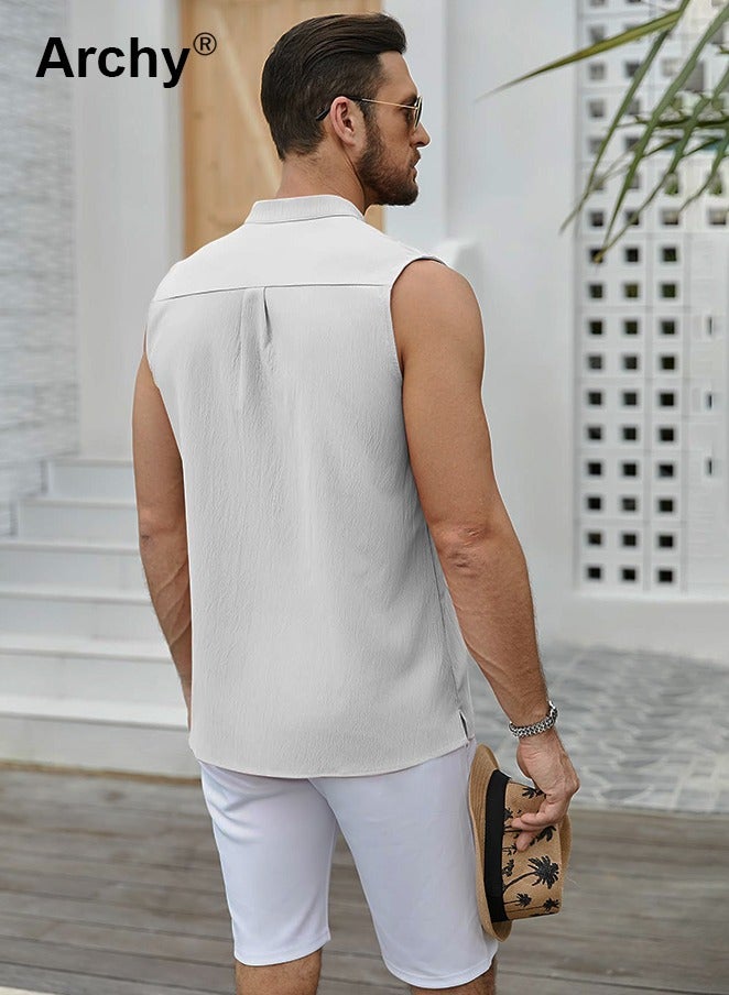 Archy Lightweight Button Sleeveless Cotton Top Tank Beach Shirts for Men Summer Casual Henley T-Shirts Tank Band Collar White Shirts - Image 3