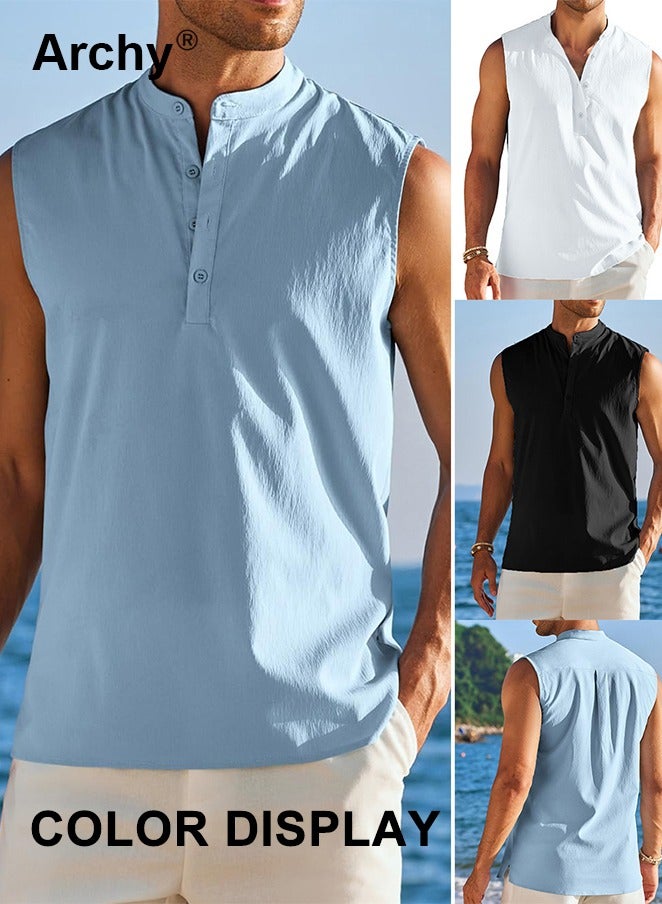 Archy Lightweight Button Sleeveless Cotton Top Tank Beach Shirts for Men Summer Casual Henley T-Shirts Tank Band Collar White Shirts - Image 4