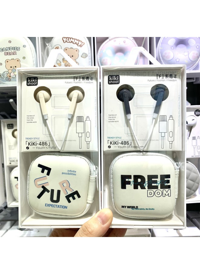 Ki-486 Wired Cartoon Storage Bag Typec Headset For Apple 15/16 Huawei Millet Typec Headset-Color:Apricot