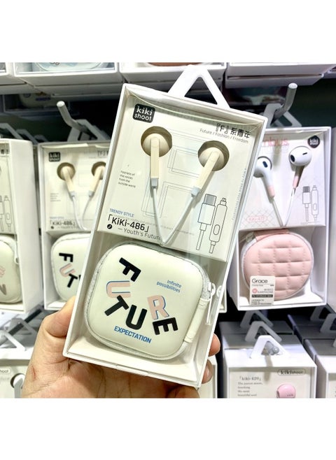 Ki-486 Wired Cartoon Storage Bag Typec Headset For Apple 15/16 Huawei Millet Typec Headset-Color:Apricot