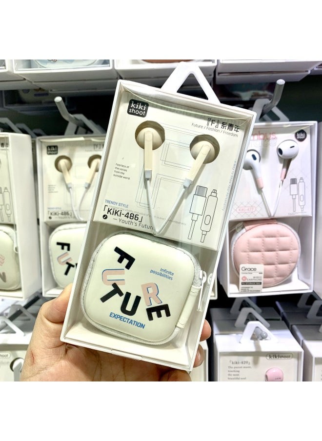 Ki-486 Wired Cartoon Storage Bag Typec Headset For Apple 15/16 Huawei Millet Typec Headset-Color:Apricot