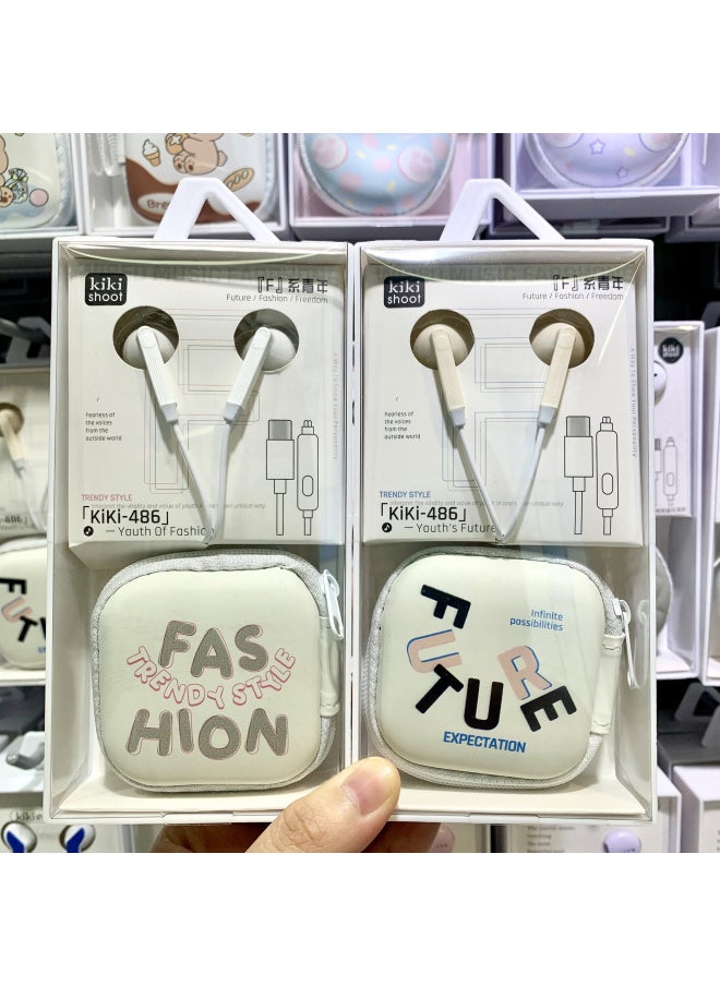 Ki-486 Wired Cartoon Storage Bag Typec Headset For Apple 15/16 Huawei Millet Typec Headset-Color:Apricot