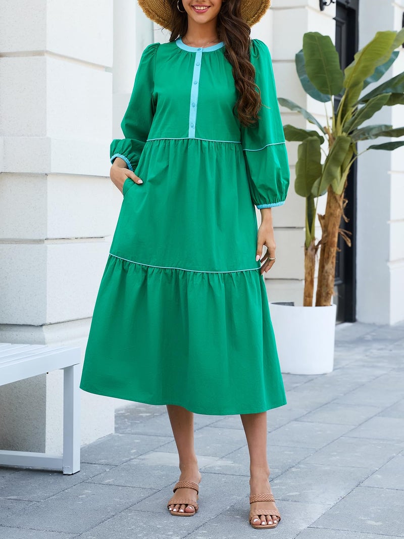 LifeShe Womens Maxi Dress 3/4 Puff Sleeves Button Front Long Dresses Pullover Tiered Sundress Green - Image 5