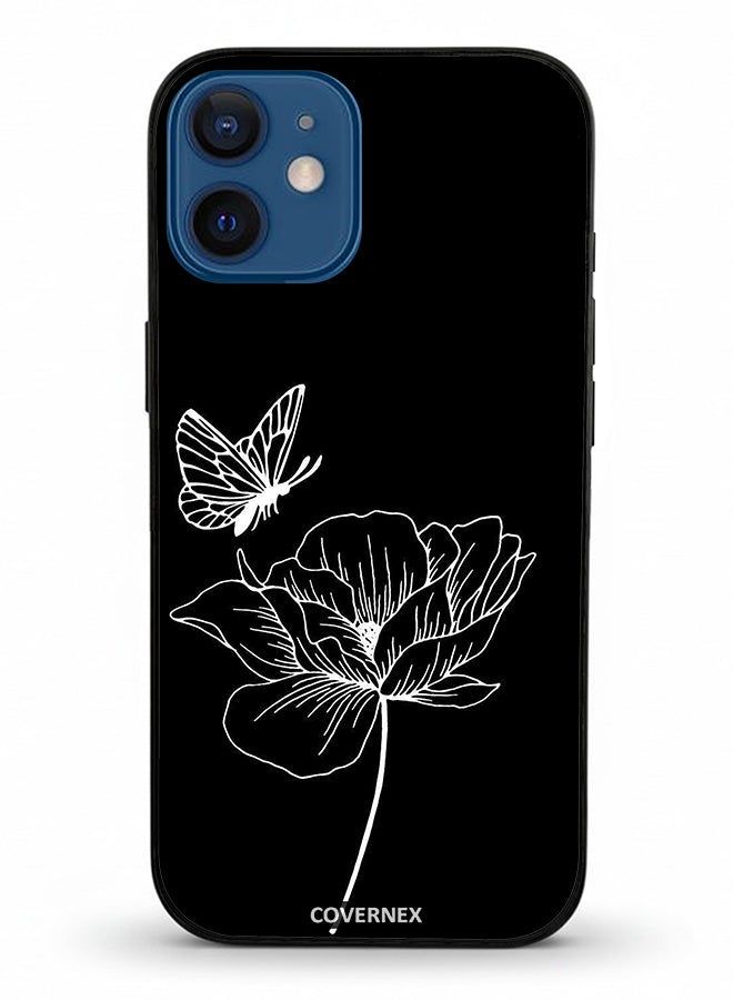 Covernex Apple iPhone 12 Mini Protective Case Cover Printed Featuring Minimalist Butterfly and Bloom Line Art - Image 2