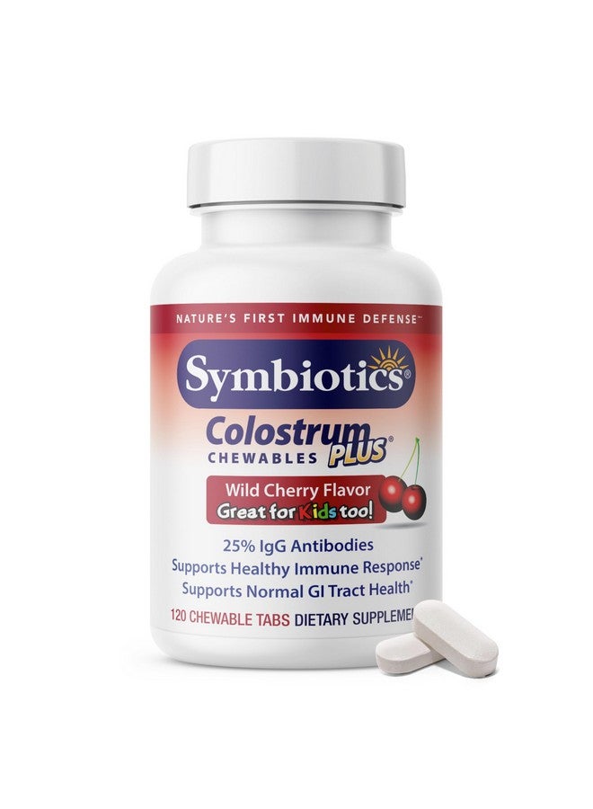 Symbiotics Colostrum 120ct Chewables Plus - Immunity Support for Adult & Kids - Lactoferrin Supplement & Colostrum Protein - Supports Digestion & Gut - 25% lgG Antibodies, Gluten Free - Wild Cherry - Image 1