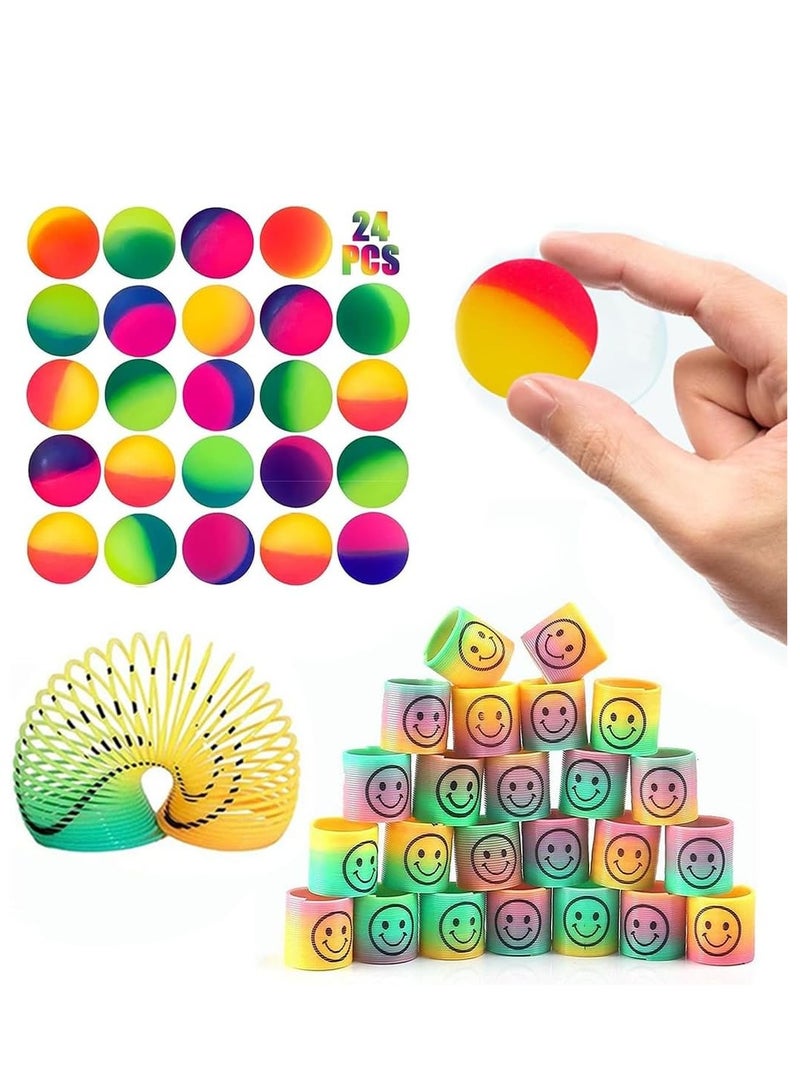 NYVIO Party Favors For Kids (24 Bouncy Balls & 12 Smiley Face Rainbow Spring) , party supplies Bouncy Balls For Kids Return Gifts For Birthday Party and Colorful Rainbow Smiley Face Rainbow Spring - Image 1