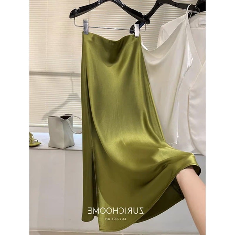 High-grade Dipped Acetic Acid Satin Skirt Women''s Summer Mid-length Split Fishtail Skirt High Waist Slimming Hip Skirt - Image 2