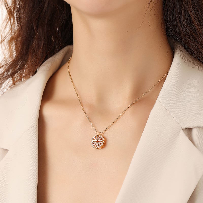 VANGETIMI 2 in 1 Four Leaf Clover Charm Lucky Necklace Heart Crystal Pendant Necklace Link Mother's Day Gifts Jewelry for Women - Image 3