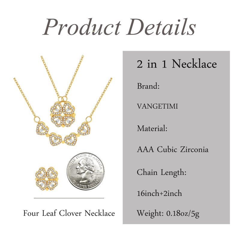 VANGETIMI 2 in 1 Four Leaf Clover Charm Lucky Necklace Heart Crystal Pendant Necklace Link Mother's Day Gifts Jewelry for Women - Image 4