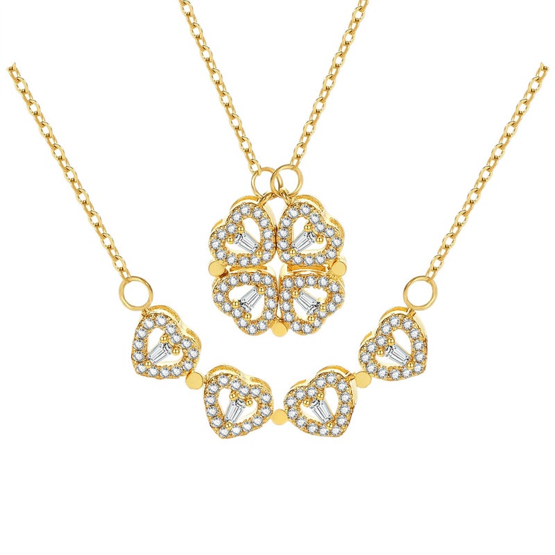 VANGETIMI 2 in 1 Four Leaf Clover Charm Lucky Necklace Heart Crystal Pendant Necklace Link Mother's Day Gifts Jewelry for Women - Image 1
