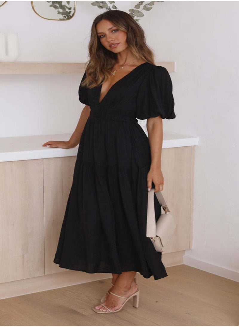 YUNIQEE - Black Flared Sleeve Fit & Flare Midi Dress - Image 1