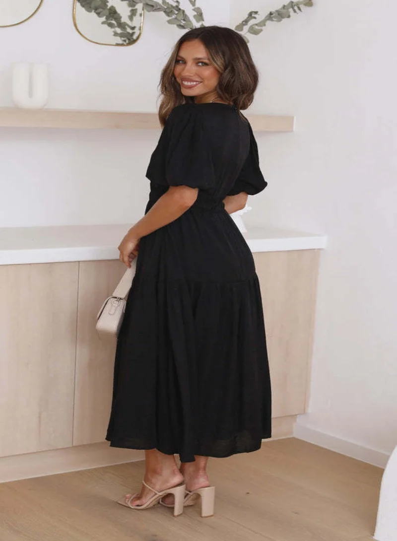 يونيكي Black Flared Sleeve Fit & Flare Midi Dress