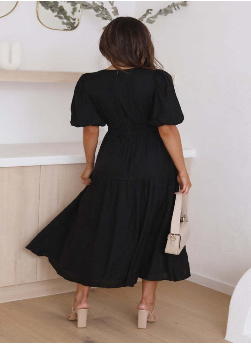YUNIQEE - Black Flared Sleeve Fit & Flare Midi Dress - Image 1