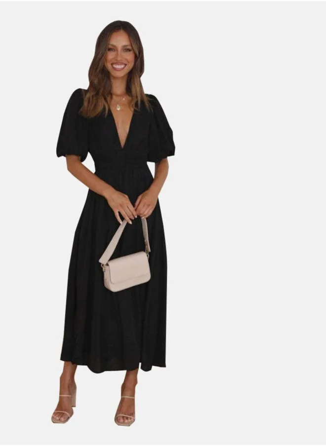 يونيكي Black Flared Sleeve Fit & Flare Midi Dress