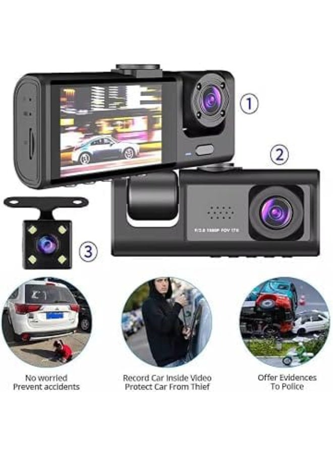 1080P 3-Channel Car Dash Cam | Front, Cabin & Rear Camera | 64GB Memory Card Included | Night Vision | Loop Recording | G-Sensor | Parking Monitor - Image 2