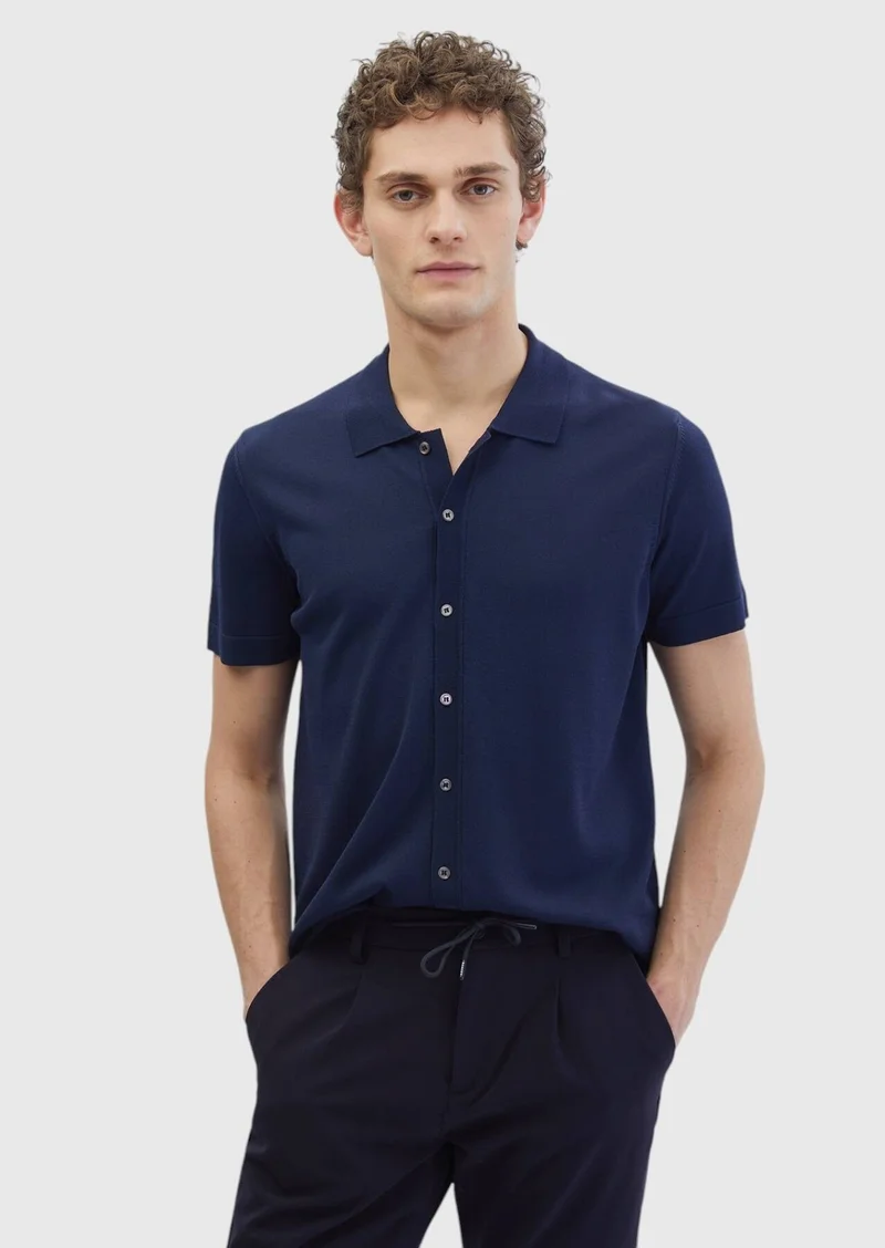 Ramsey Navy Blue Polo Neck Plain Knitting Cardigan