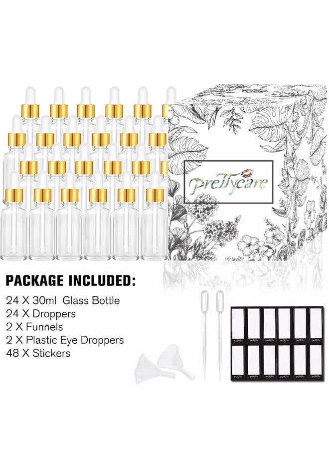 PrettyCare Eye Dropper Bottle (Glass Bottles with Golden Caps, Extra Measured Pipettes, Labels, Funnels) Empty Tincture Bottles for Essential Oils Clear 24 Pack 1oz transparent DB - 954 24 - Image 2