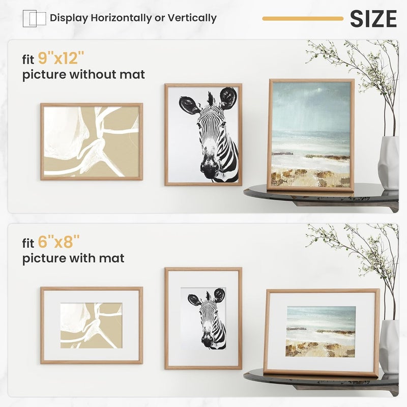 FLYJOE 9x12 Picture Frame, Display Pictures 6x8 with Mat or 9x12 Without Mat, Wall and Tabletop Display Photo Frame, Natural, 1 Pack - Image 3