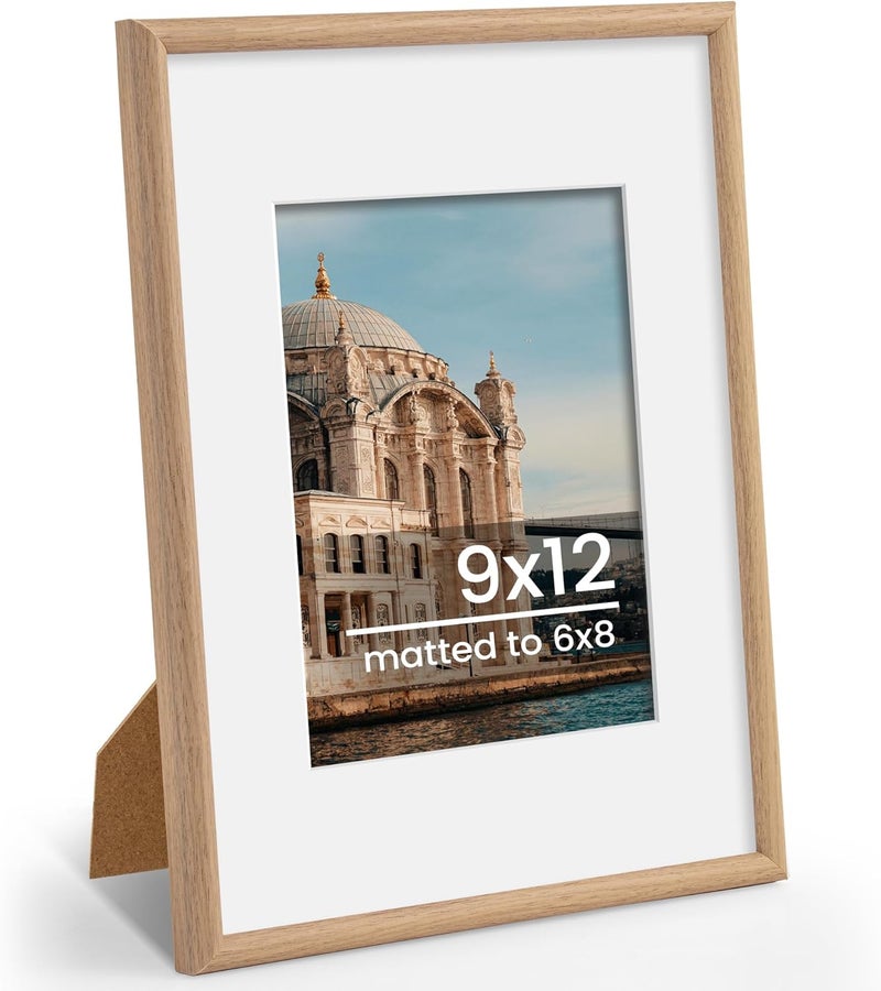 FLYJOE 9x12 Picture Frame, Display Pictures 6x8 with Mat or 9x12 Without Mat, Wall and Tabletop Display Photo Frame, Natural, 1 Pack - Image 1
