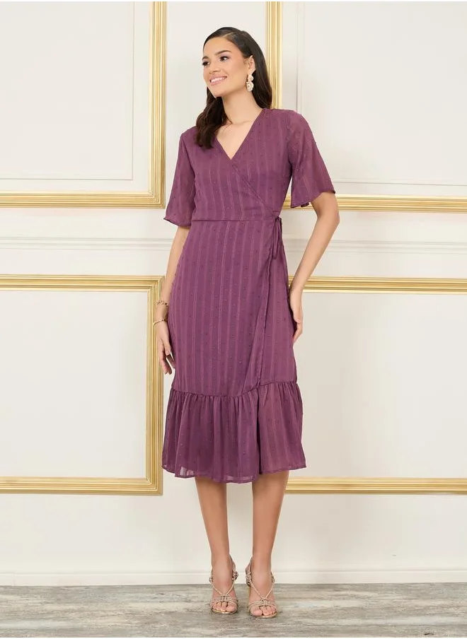 Styli Styli Dobby Striped A-Line Wrap Midi Dress