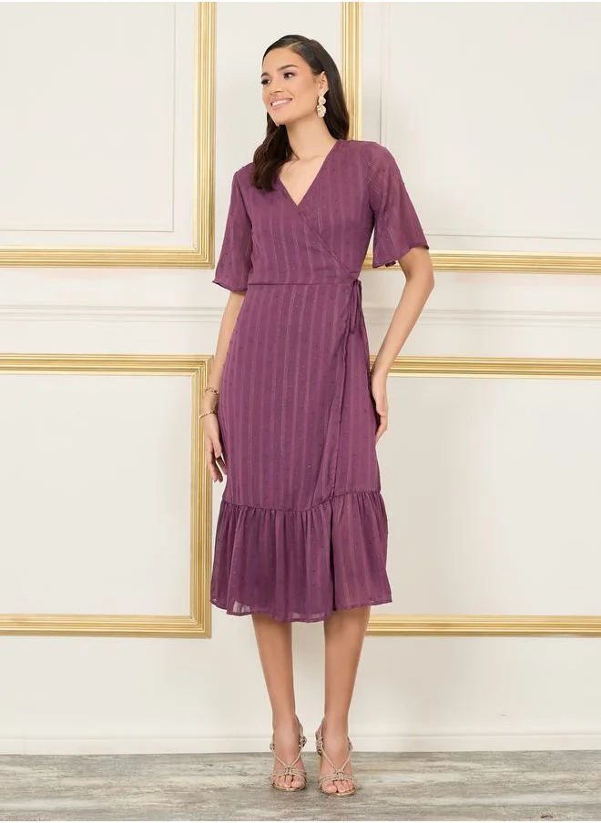 Styli Dobby Striped A-Line Wrap Midi Dress