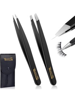 TsMADDTs TsMADDTs Slant and Point Tip Tweezers for Women and Men, 2-Pack Professional Stainless Steel Precision Tweezers for Eyebrows, Facial Hair, Ingrown Hair Removal 